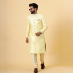 Stunning Light Yellow Banarasi Brocade Achkan for Men | Father-Son Combo | Pastel Sherwani | Grooms & Weddings | Jaipurio